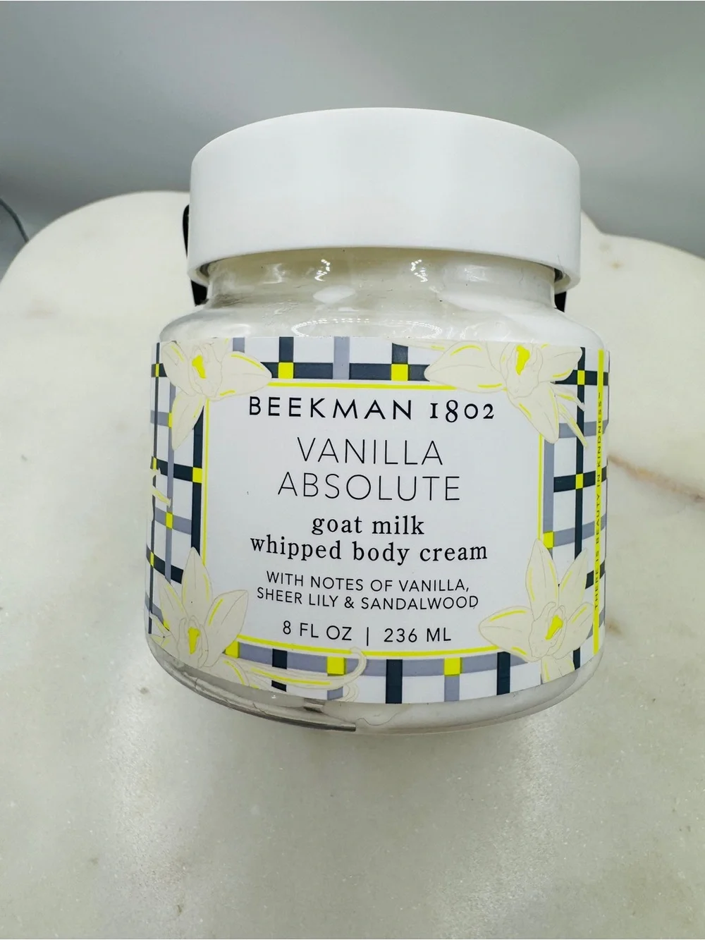 Beekman 1802 Vanilla Absolute Whipped Body Cream – White Jar with Yellow Accent